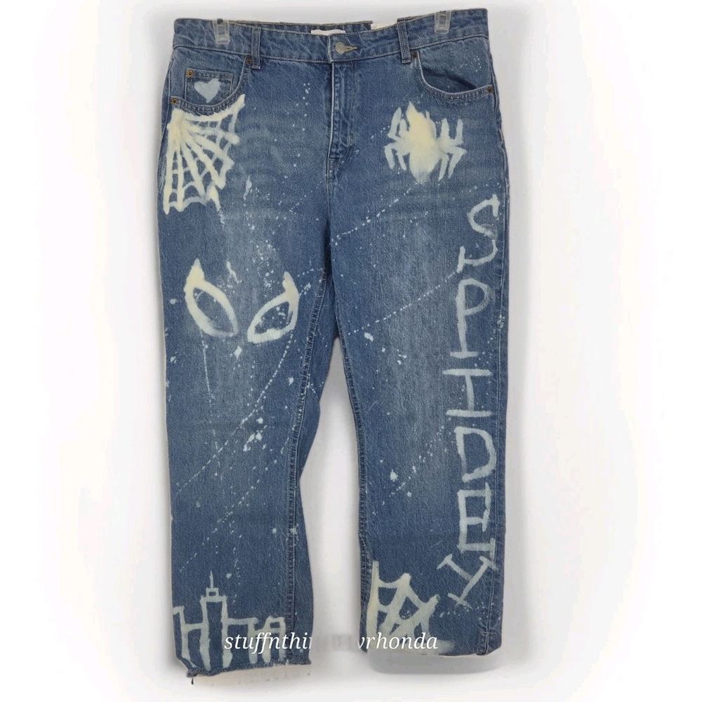 H&M Graffiti SpiderMan Styled High Waisted Wide Leg‎ Jeans Size 14 /34"